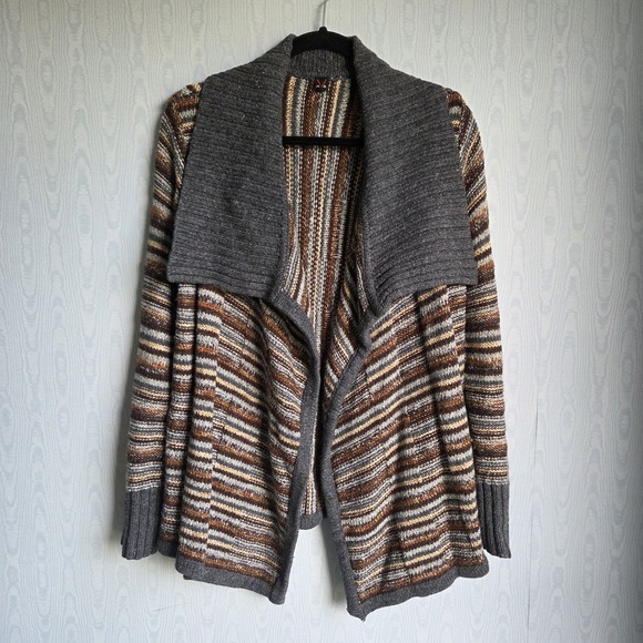 Ava XL Striped Ribbed Open Front Wool Blend Long Sleeve Cardigan Gorpcore Cabin - Picture 1 of 8
